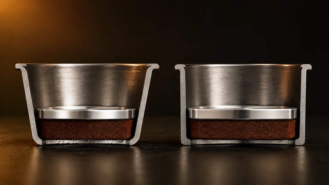 Cut-away of two espresso filter baskets: the left has a tapered inner wall, the right is straight-walled.