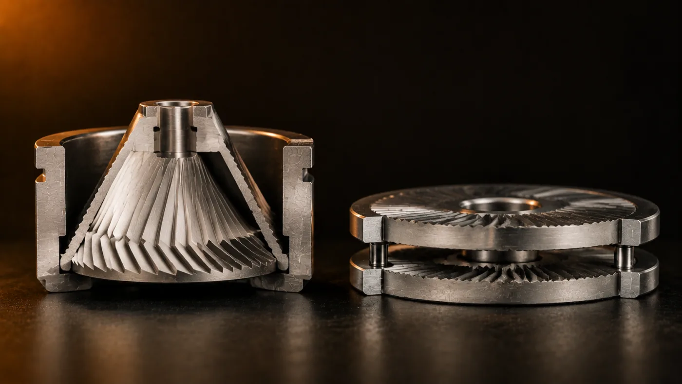 Cut-away comparison of two coffee grinder burr sets. On the left, a cone-shaped inner burr sits inside a matching ring, so coffee is ground in an angled channel running downward. On the right, two flat discs face each other in parallel with a narrow gap, and coffee is ground outward from the centre.
