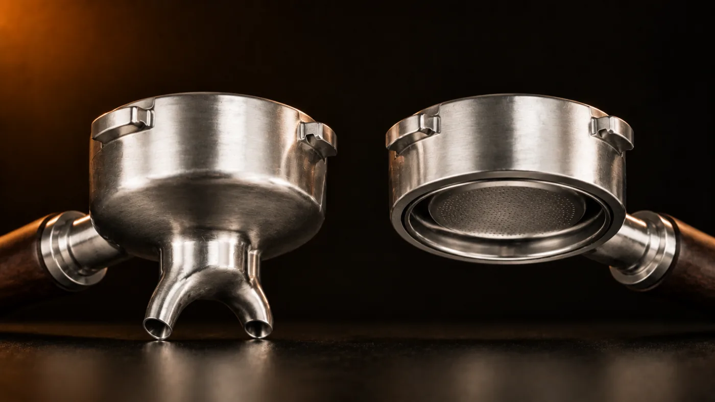 Two espresso portafilters seen from below: one closed with two spouts, one bottomless with the basket exposed.